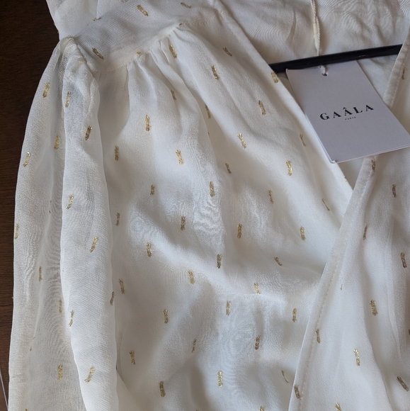 NWT Gaâla Paris Annabelle Silk Chiffon Wrap Midi Dress Ivory Gold Small/Medium - Picture 7 of 11